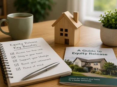 Equity release benefits checklist beside a guide and model house