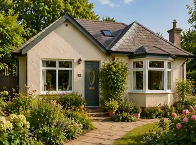 Bungalow with a well kept garden on a sunny day