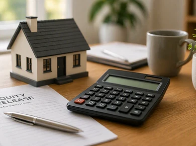 Equity release information guide with calculator and model house