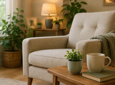 Cosy living room chair with coffee cup and plants