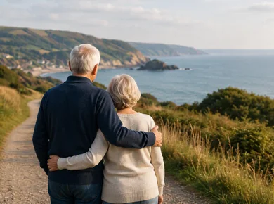 Older couple standing together on a coastal path looking out to sea