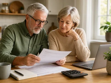 Older couple discussing financial documents at home with a calculator nearby
