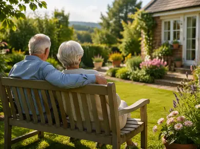 Older couple sitting on a garden bench looking towards their home