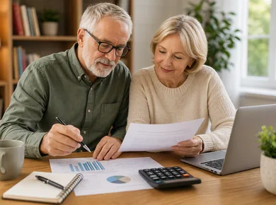 Older couple reviewing financial paperwork together at home