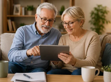 Older couple using a tablet together while researching equity release options