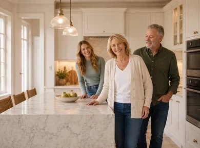 Family standing together in a bright kitchen after home improvements