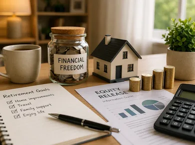 Equity release planning documents with savings jar, house model and calculator