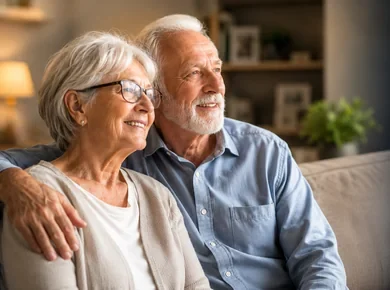 Smiling older couple sitting together at home