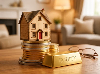 Model house on stacks of coins beside a gold equity bar
