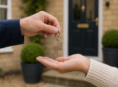 House keys being handed over outside a front door