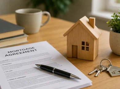 Mortgage agreement paperwork with pen, model house and keys