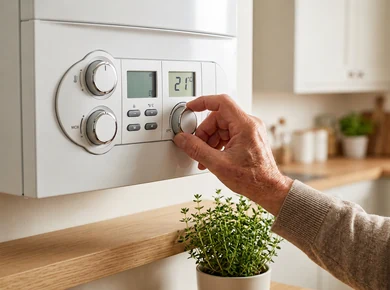 Hand adjusting a boiler control in a kitchen