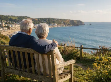 Older couple sitting on a bench overlooking the coast in retirement