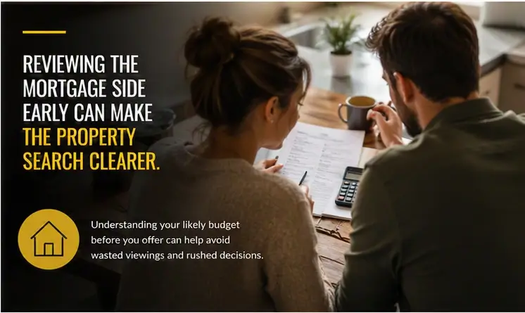 First-time buyers reviewing budget figures and mortgage paperwork before starting a property search.