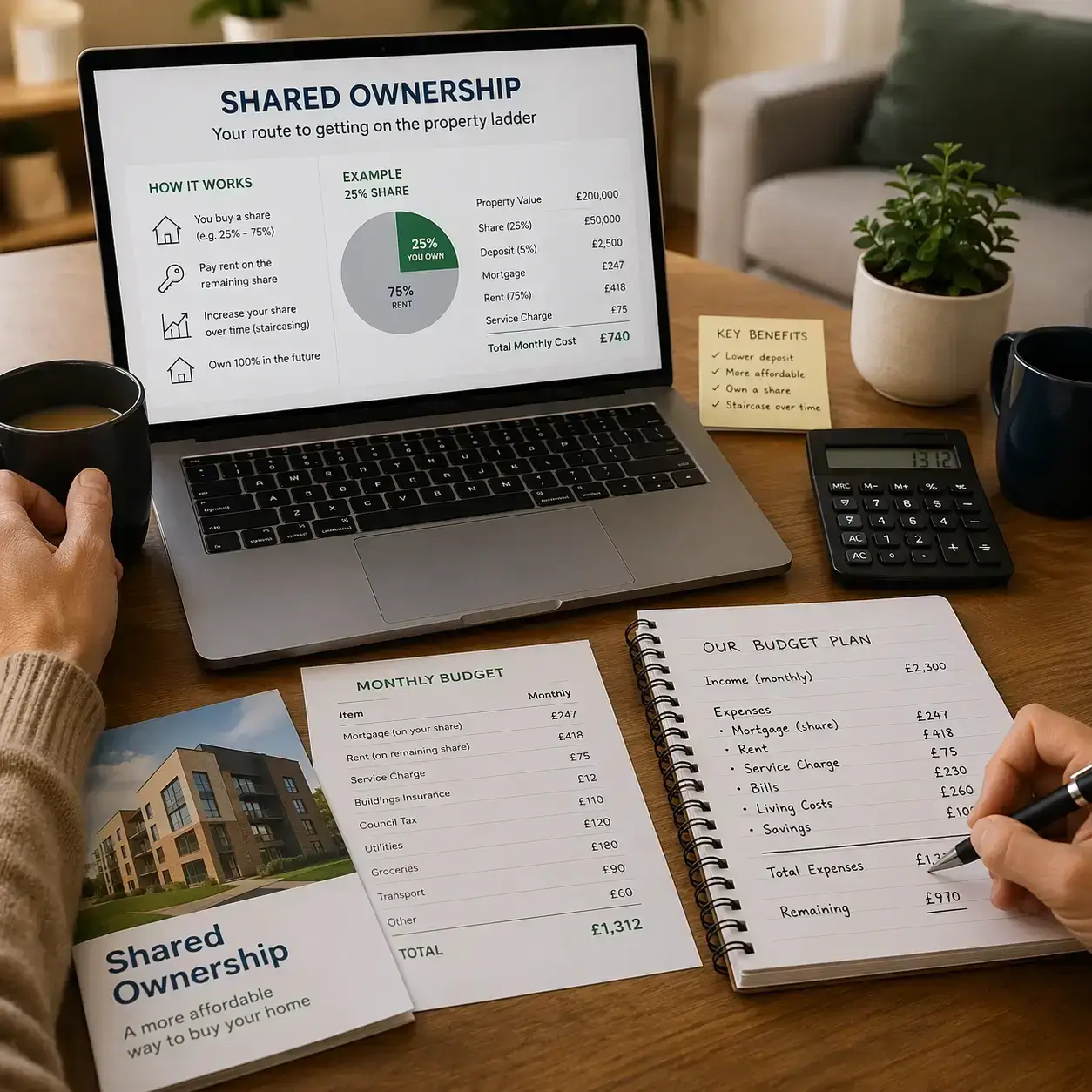 Buyer reviewing shared ownership mortgage options with an adviser
