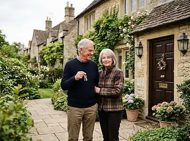 Older homeowner holding house keys outside a modern UK home.