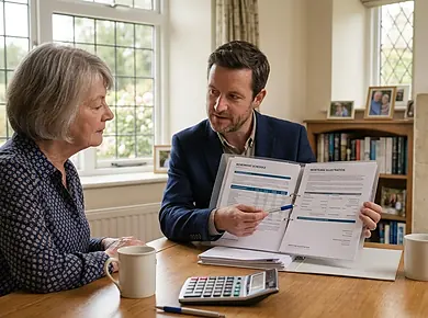 Older couple comparing lifetime mortgage documents showing repayment terms and charges.
