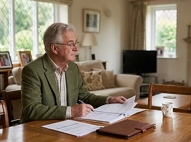 Older homeowner reviewing credit paperwork and a lifetime mortgage illustration with an adviser.