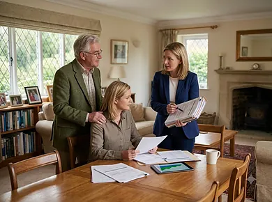 Older homeowner attending an equity release advice meeting with an adult child.