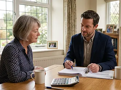 Older homeowners reviewing an equity release process timeline with an adviser.
