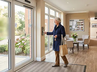 Older couple standing on the balcony of a modern UK apartment building.