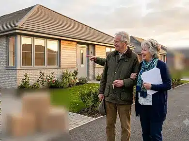 Older couple viewing a smaller retirement property while discussing lifetime mortgage downsizing protection.