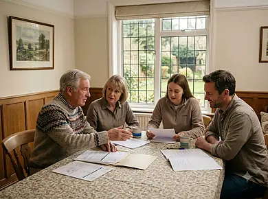 Adult beneficiaries reviewing estate papers and a lifetime mortgage redemption statement.