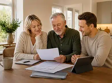 Older homeowners discussing an inheritance protection percentage with their adult children.