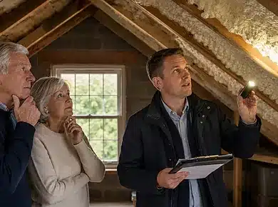 Surveyor inspecting spray foam insulation beneath the roof of a UK home.