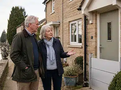 UK riverside homes protected by a modern flood defence barrier.