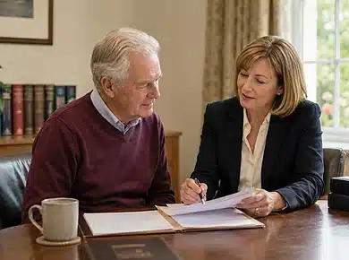 Older homeowner meeting an independent solicitor to discuss lifetime mortgage documents.