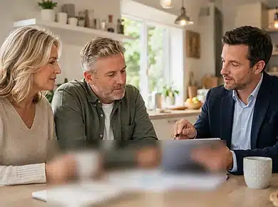 Couple of different ages discussing lifetime mortgage eligibility with an adviser.