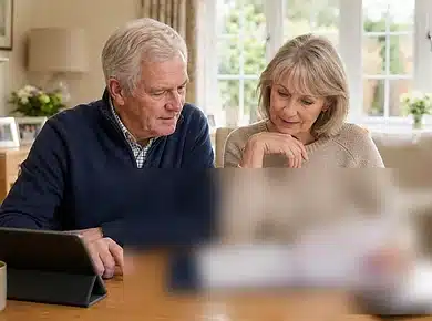 Older homeowner reviewing private medical treatment costs and equity release options.