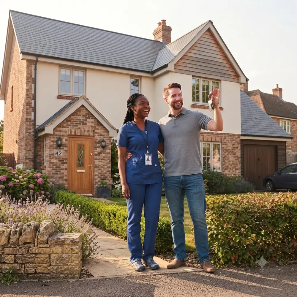 A nurse and her partner outside a house for sale