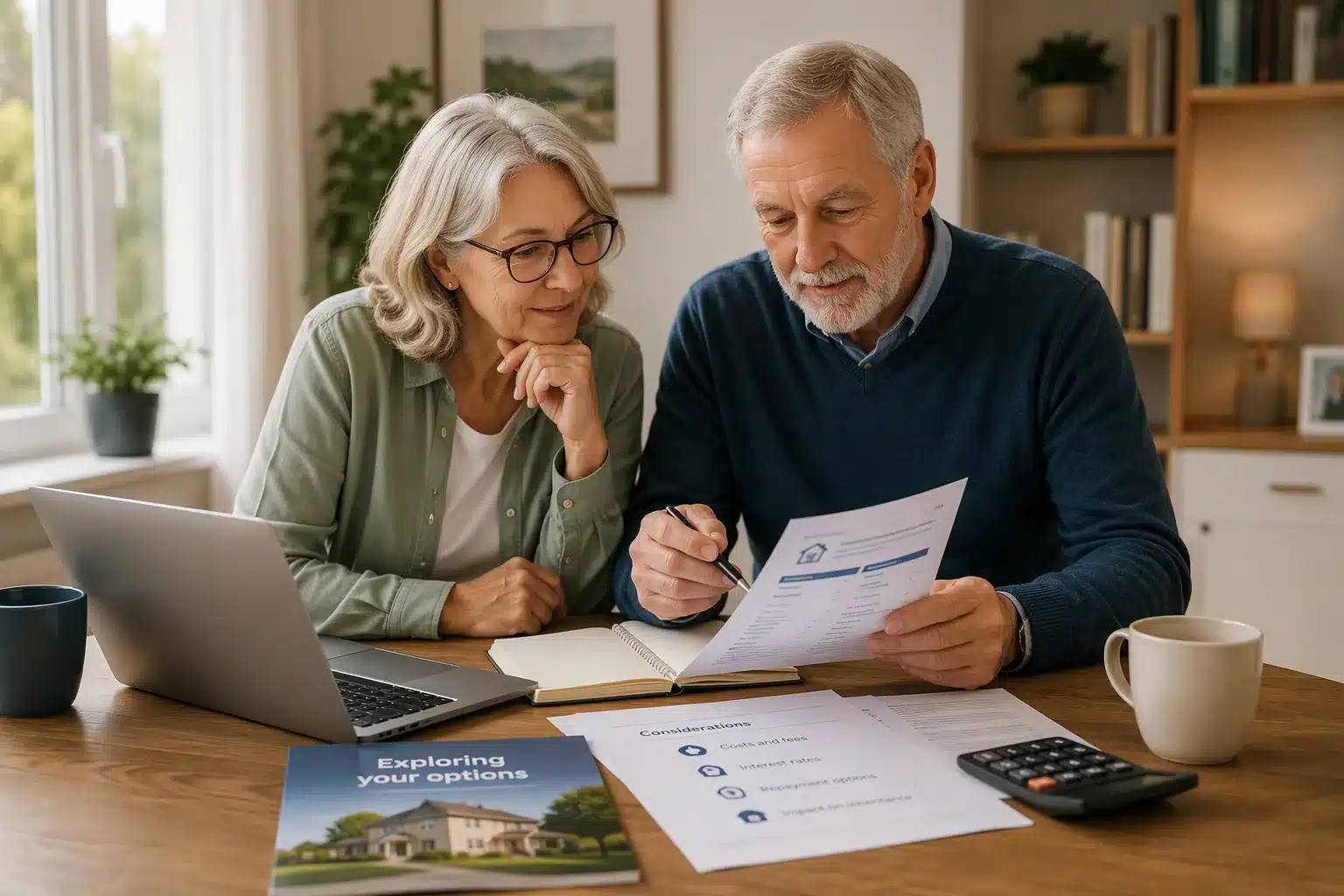 Older couple comparing lifetime mortgage options and costs at home