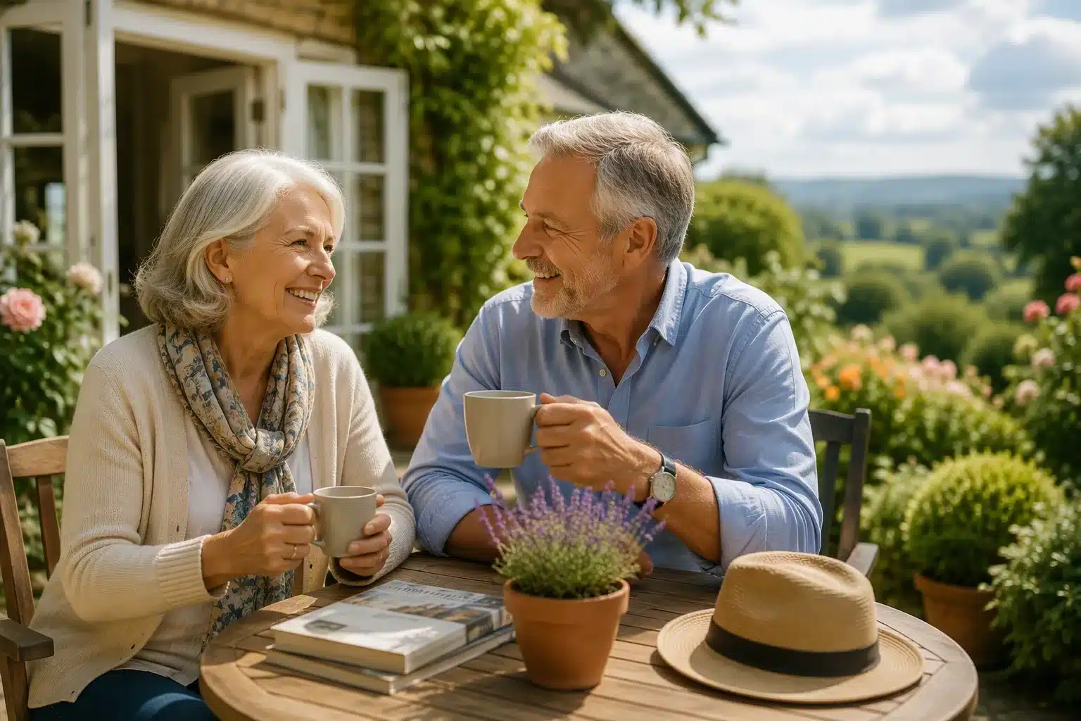 Older couple enjoying tea together outside their home in retirement