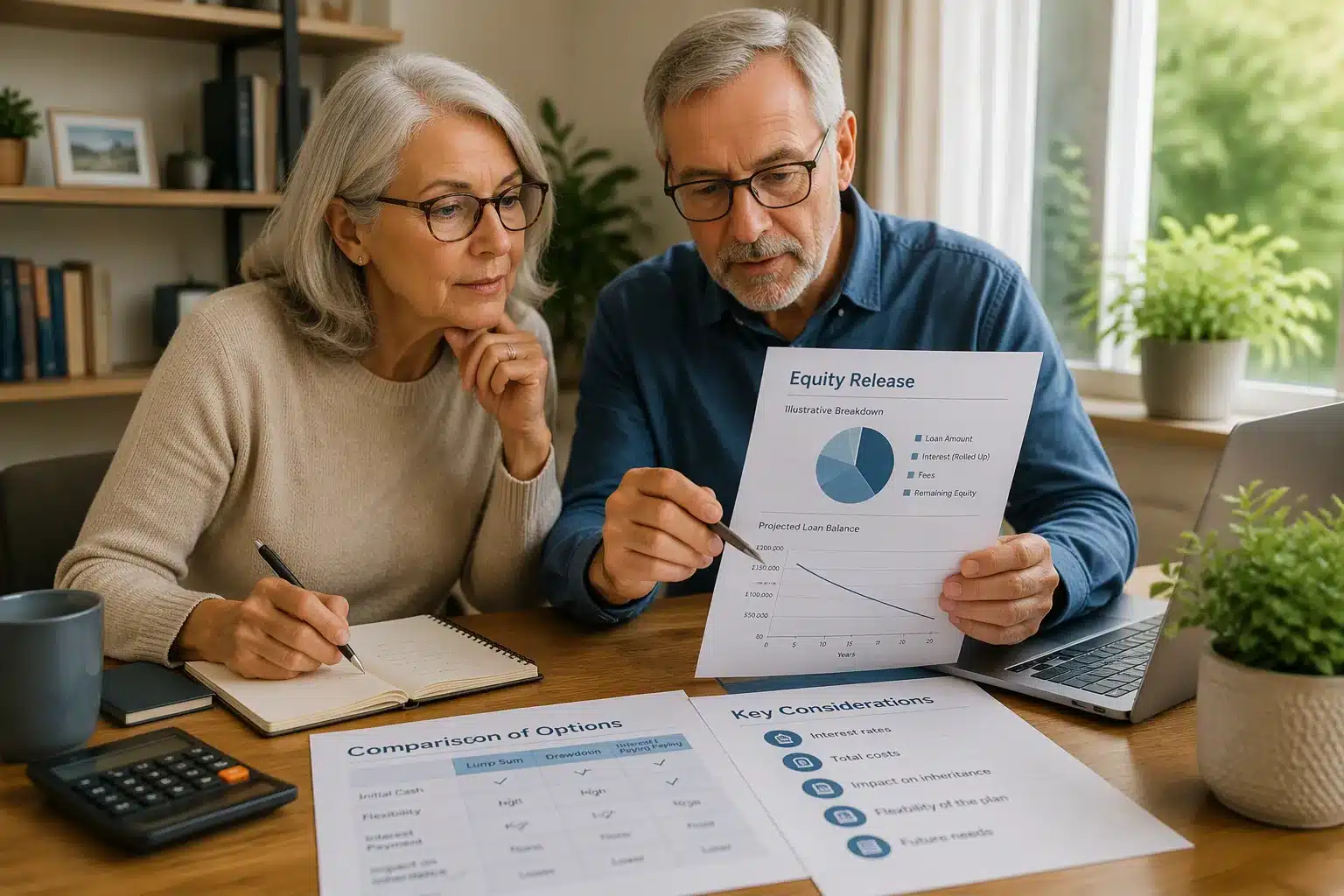 Older couple reviewing lifetime mortgage paperwork and an illustrative breakdown
