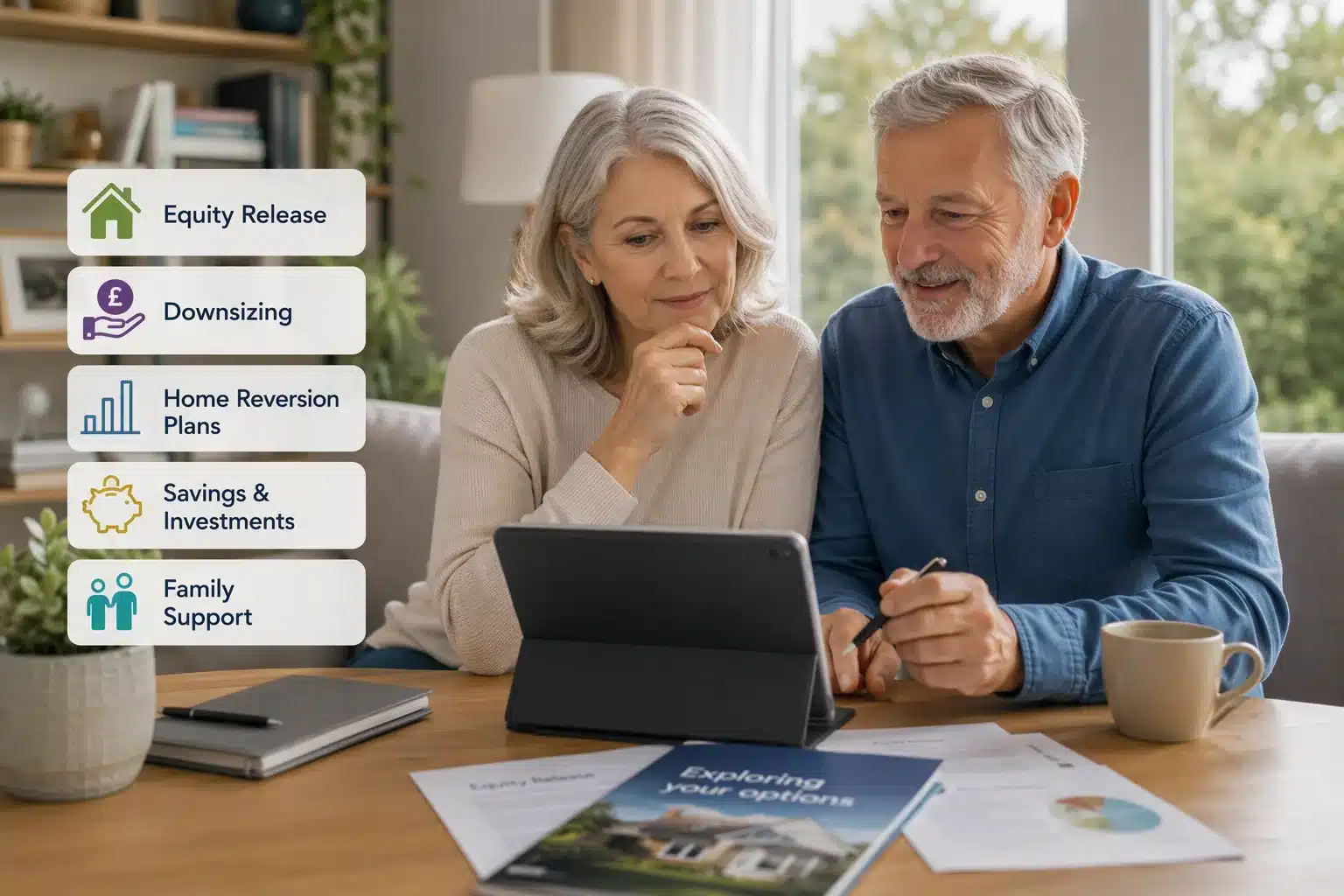 Older couple comparing equity release alternatives on a tablet at home