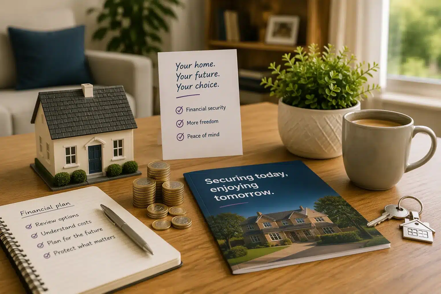 Equity release planning materials with a model home, coins and house keys