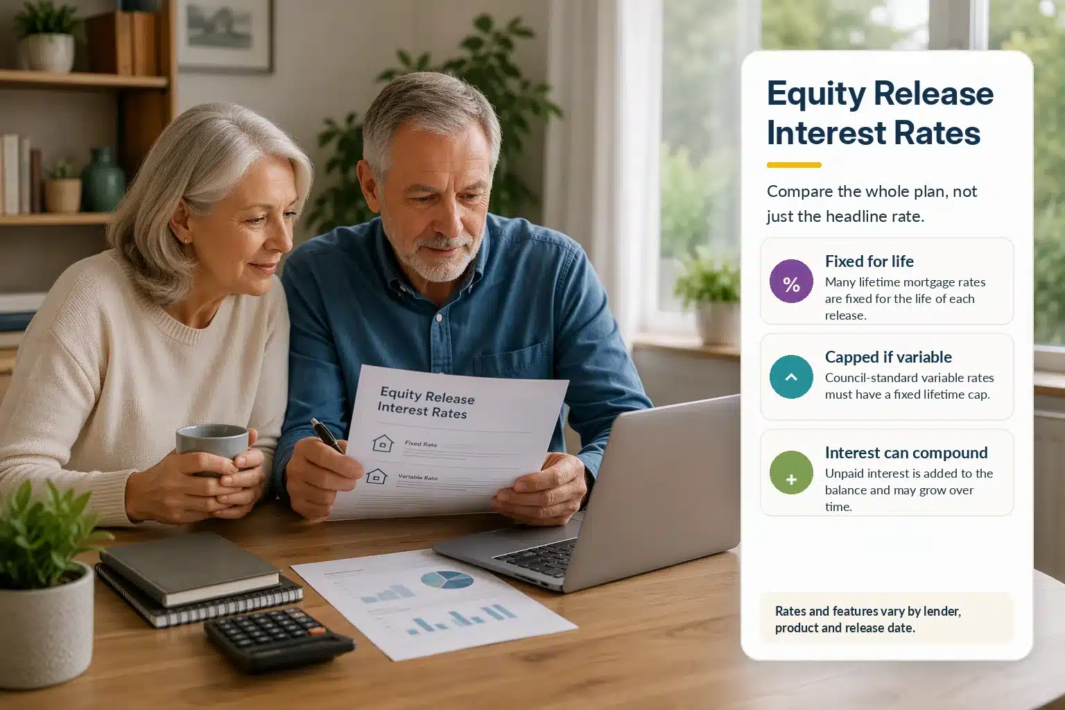 Older couple comparing equity release interest rates on a laptop at home
