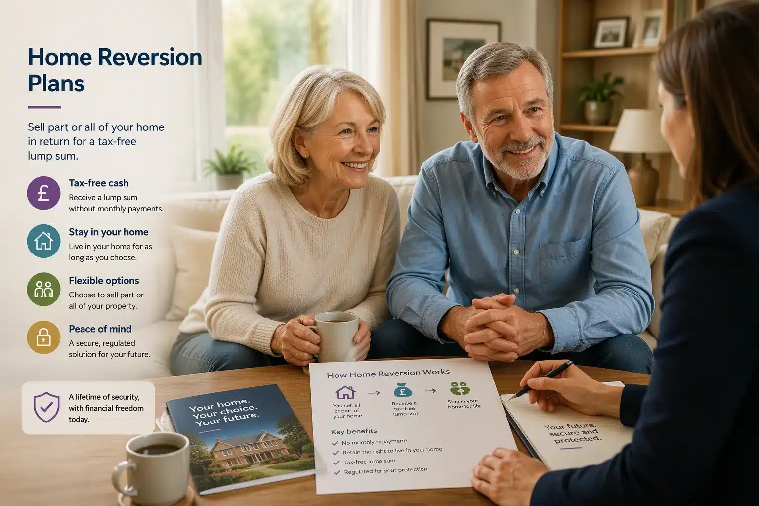 Older couple discussing a home reversion plan with an adviser