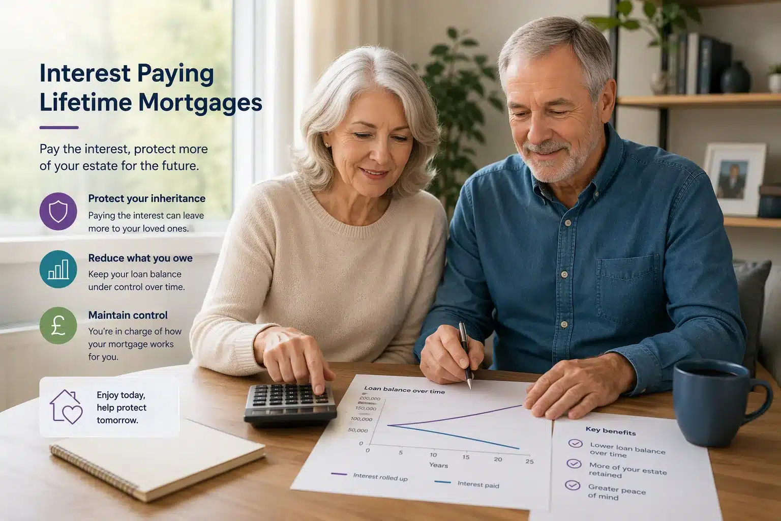 Older couple calculating the effect of paying interest on a lifetime mortgage