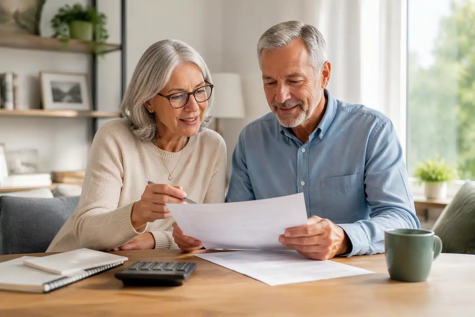 Older couple reviewing retirement interest-only mortgage paperwork at home