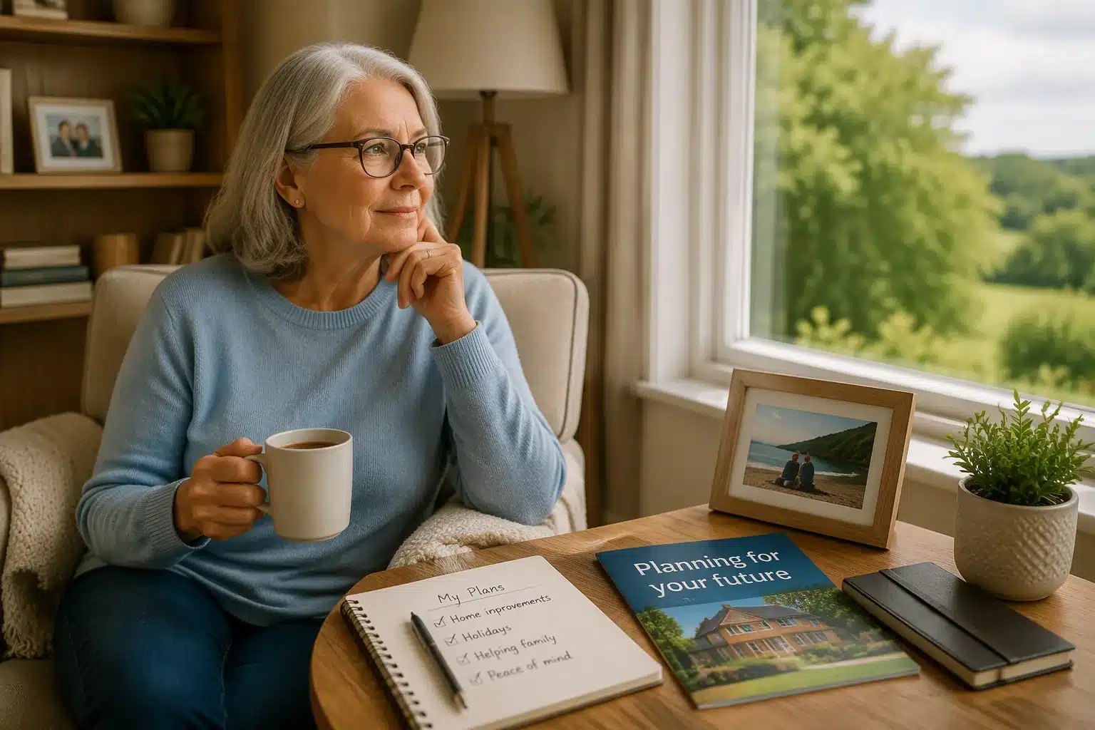 Older woman at home considering equity release and her future plans